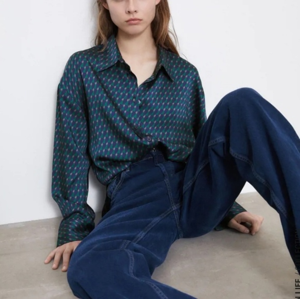 Zara Satin Effect Button Front Long Sleeve Collar Blouse Women's Size Small